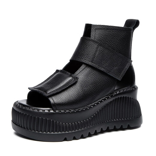 Lairan cowhide sandals thick-soled heightened women's shoes, wedge velcro hollowed-out Roman shoes versatile 2025 summer new style black 37