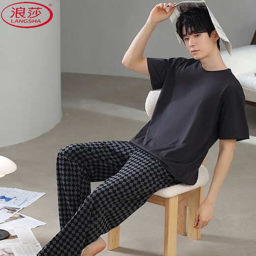 浪莎（LangSha）莫代尔棉睡衣男款年新款棉质短袖长裤简约休闲大码睡衣家居服套装 (2677)*短袖*长裤#hf7* 3XL (适合160-180斤)