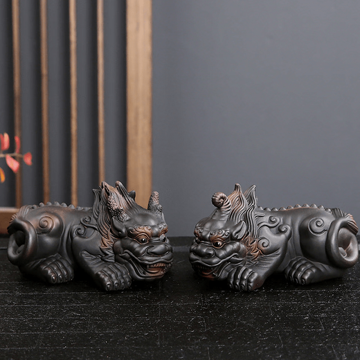 Zhizhou Purple Pottery Pixiu tea pet ornaments pair can be raised handmade Overlord tea table tea table tea accessories gift box set Purple pottery Overlord Pixiu pair (fire cloud + unicorn)
