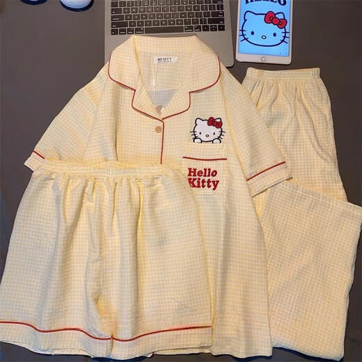 ZIPJBX可爱凯蒂猫三件套装睡衣女夏季ins薄款短袖休闲家居服可外穿 套WZL1483【三件套装】 M 【建议80-100斤】