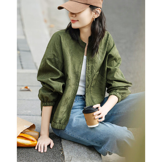 DME (dme) fashionable three-dimensional wrinkle spring workwear style stand collar rubber hem long sleeves hide flesh and easy to wear short coat for women Pink M