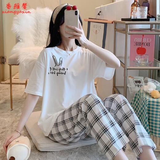 KNFN睡衣女2024年新款夏季纯棉短袖长裤薄款韩版宽松可外穿家居服套装 6625爱心小熊 M 码80-100斤