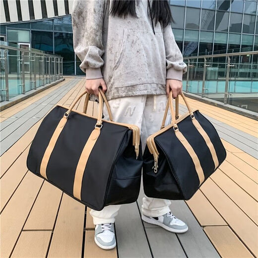 布潮喵时尚外出短途旅行包女手提包男大容量行李包防水可套拉杆旅行袋 黑色[加厚防水版可套拉杆] 大号[42升]