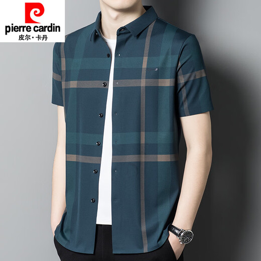 Pierre Cardin 2025 Camisa de manga corta para hombres de mediana edad Lapa a cuadros de seda de seda de seda de hilo de rayas delgadas de moda