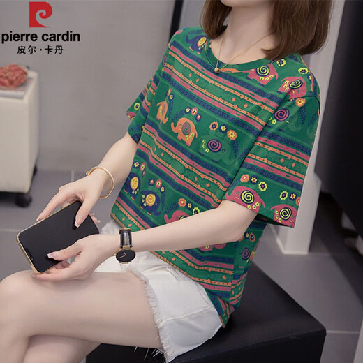 Pier Cardin 2025 Sommer Neues Fett MM Baumwolle kurzärmeliges T-Shirt für Frauen 200 Jin [Jin ist gleich 0,5 kg] Lose Bauchabschleife und vielseitiges Top für Frauen 6624 Grün L 90-120 Jin [Jin gleich 0,5 kg]