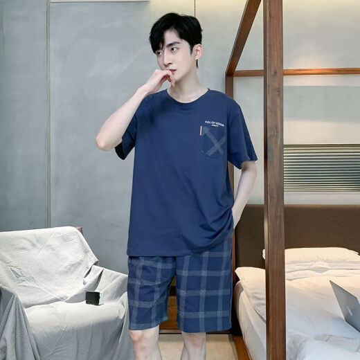 檬纤纯色棉夏季薄睡衣男士外穿加肥大码夏家居服短袖青年韩版套装 9928#(短-袖短裤) L 【95斤-120斤】