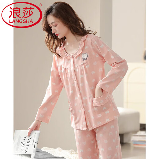 浪莎（LangSha）睡衣女士春秋季秋款纯棉长袖全棉秋冬薄款家居服中年大码妈妈套装 C9215丁香褐 3XL (建议160-180斤)