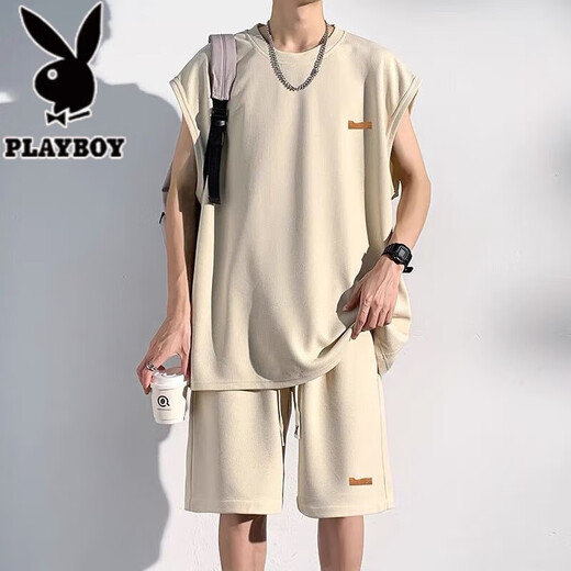 花花公子（PLAYBOY）无袖男士背心夏季冰丝凉感透气速干t恤健身跑步短裤短袖运动套装 白色套装【收藏加购优先发货】 XL 建议125-145斤