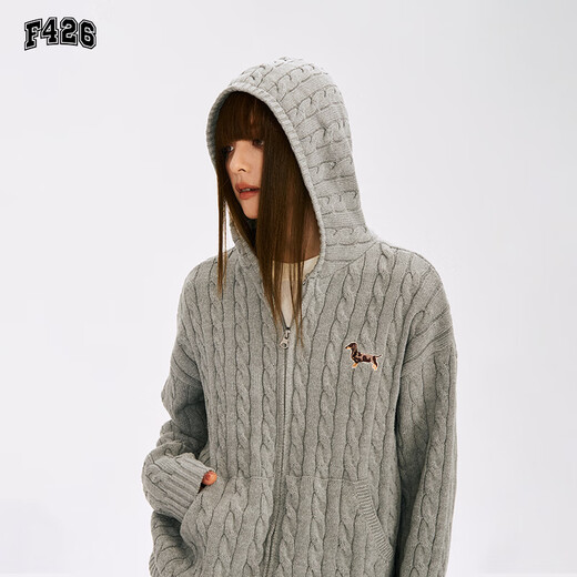 F426 official store national fashion brand autumn new casual loose retro twist hooded cardigan sweater flower gray L