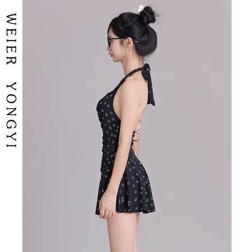 Bo Na Ling Swimsuit Women's 2025 Halter Neck Slim Retro Smiley Print Conservative Swimsuit Seaside Beach Resort Hot Spring Swimsuit One-piece Swimsuit Black One Size 70-120Jin Jin is equal to 0.5 kg