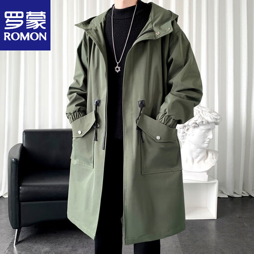 ROMON windbreaker men's mid-length autumn and winter new men's Korean style trendy loose over-the-knee pie jacket handsome coat military green M