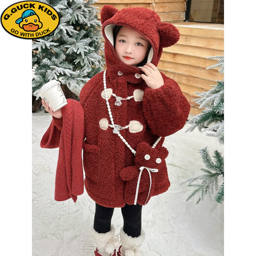 G.DUCKKIDS Mädchen-Lammwolljacke Herbst und Winter 2024, neuer Baby-Stil, plus samtverdickter Kinderpelzmantel, Winter, Angorarot, inklusive Tasche, 110 cm