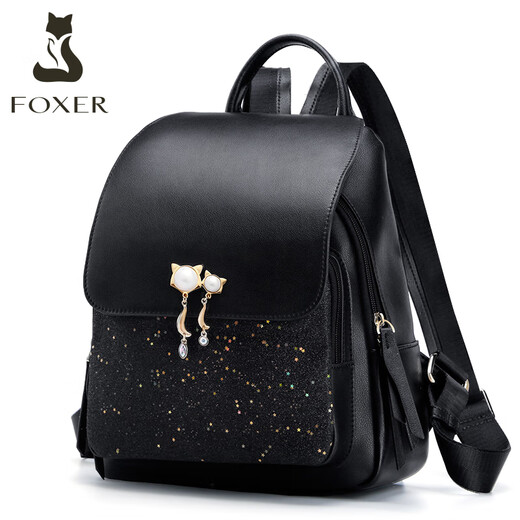 金狐狸（FOXER）双肩包女大学生书包2025新款时尚轻便旅行包包真皮女士背包 黑色