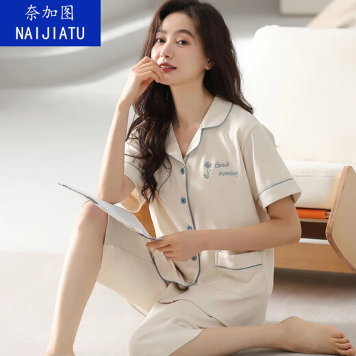 奈加图纯棉睡衣女士夏季短袖七分裤中青年款大码开衫套装常规款家居服 n9892七分裤开衫 M (80-100斤)