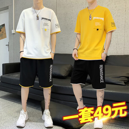 骆驼（CAMEL）男士短袖t恤夏季时尚冰丝运动套装休闲旅游轻便男装短裤搭配一套 6227白色+K201黑白边 M