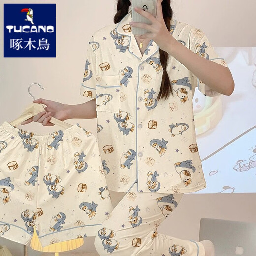 
Woodpecker pajamas for women in summer short-sleeved pure cotton three-piece set cartoon cute shark student home clothes can be worn outside in summer #FS-three-piece set 14128 M [75-95Jin[Jin equals 0.5 kg]]