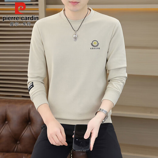皮尔卡丹（pierre cardin）圆领卫衣男春秋冬季潮流休闲长袖t恤高端打底衫男装 米色 XL