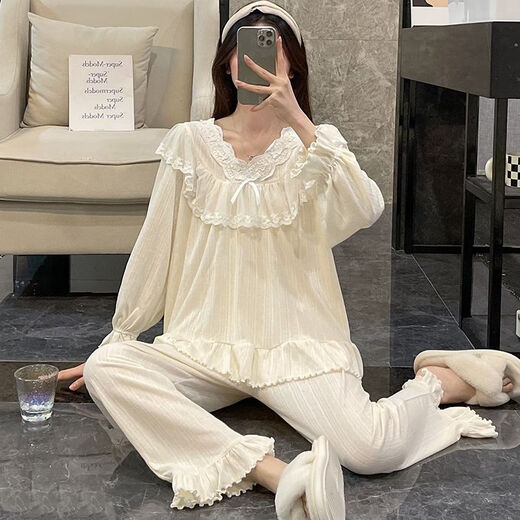 雅鹿蕾丝花边长袖睡衣女新款春秋季纯棉甜美公主风学生休闲家居服套装 KYX-9904#杏色(双长) M