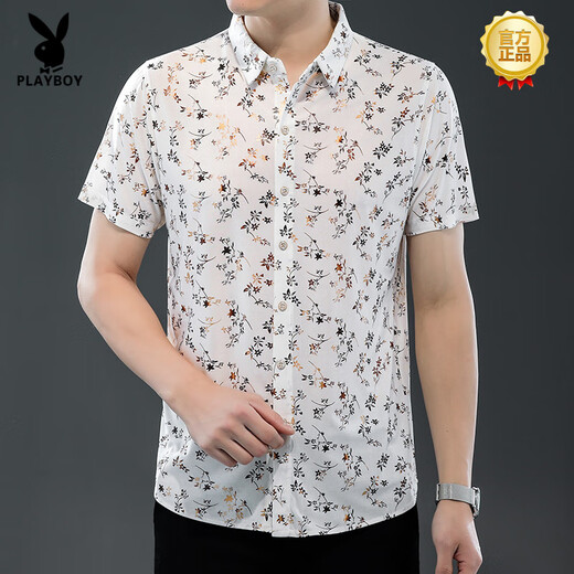 Playboy (Playboy) High-End 25 Sommer Neuem Hemd für kurze Ärmel Ice Seide dünn bedrucktes Hemd Modetrend lässig Daddy Anzug 9898 Gold M 165