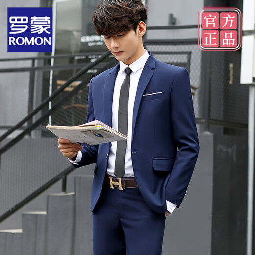 罗蒙（ROMON）男士西服青年套装商务帅气小西装一套韩版修身正装三件套休闲薄款 蓝色(西服＋西裤)送领带 3XL 150-160斤