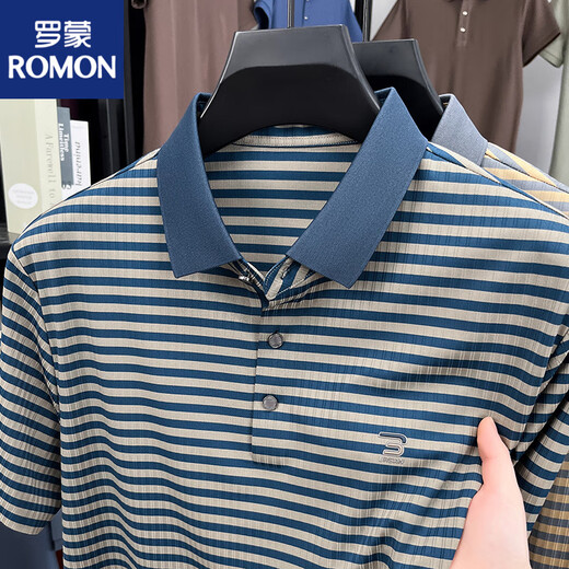 罗蒙（ROMON）新款夏季冰丝短袖t恤男士撞色条纹休闲翻领POLO衫凉感上衣爸爸装 蓝色 GR-9207【冰丝凉感】 M 48 (适合95-115斤)