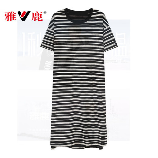 雅鹿睡裙女2025夏季带胸垫纯棉短袖中长款连衣裙条纹高级感家居服 14107B M