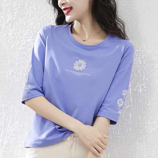 Yiruocai 7-Viertel-Hülsen-Frauen-T-Shirt mit großer T-Shirt für Frauen mit reinen Baumwoll-Baumwolle für Frauen lose koreanische Kurzärmer-T-Shirt 20 High-End-Design 1DS057 Blue Purple + W9793 Ice Blue One Size M.