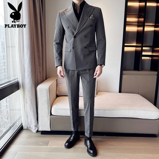 Playboy (PLAYBOY) double-breasted suit men's suit business casual high-end formal suit British slim groom wedding suit three-piece medium gray suit + trousers + vest XL (125-140Jin Jin equals 0.5 kg)