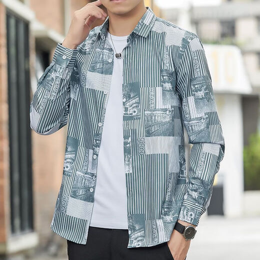 
KMKA men's long-sleeved shirt men's summer thin ice silk outfit spring and summer Hong Kong style casual versatile shirt trendy Korean version 6169 black L 110-125Jin [Jin equals 0.5 kg]