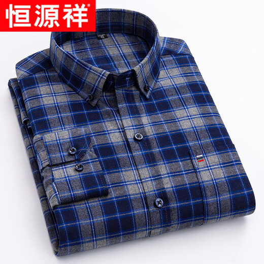 Hengyuanxiang camisa a cuadros cepillada de algodón puro para hombre, camisa holgada de talla grande de algodón de mediana edad para primavera y otoño, camisa holgada de talla grande M802 38
