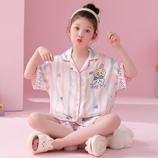 Shiru Meng Frühlings- und Sommer-Revers-Mädchen Sommer-Set Home Anzug Eis und Schnee Seiden-Cartoon Cardigan Pyjamas Kurzarm 6629# (Rainbow Pony) 110 Kinder 8 Größe 100-110 cm 30-40jin [Jin gleich 0,5 kg]