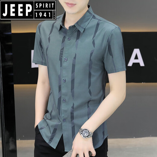 Jeep Spirit New 2025 Sommer Herren kurzärmeliges Hemd Trendy hübsches Eis Silk Zentimeter Dünnes kühles Hemd 7027 Black M 90-110Jin [Jin gleich 0,5 kg]