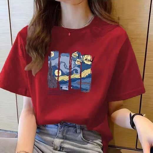 220克纯棉短袖t恤女2025夏季宽松百搭圆领正肩印花上衣T恤B701YL 1491黑色 L
