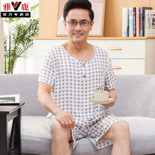Yalu Summer New Pyjamas mittleren Alters und älterer Herren-Vater rund Hals Pull-up Kurzarmshorts Home Clothing Set 2694 L Empfohlenes Gewicht 100-135 Jin [Jin entspricht 0,5 kg]
