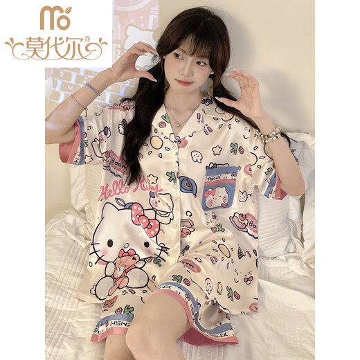 Modal pajamas for women in summer imitation silk. Thick and thin style for students cute sweet cartoon ice silk short-sleeved home clothes summer suit #YX-9214 2XL [131-145]Jin[Jin equals 0.5 kg]
