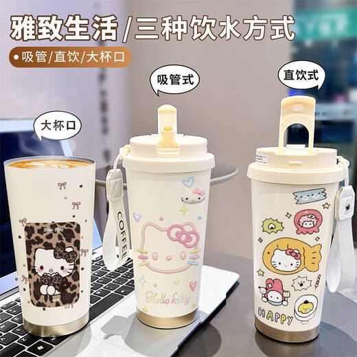 三栖虎卡通凯蒂猫保温杯不锈钢学生高颜值办公咖啡杯大容量水杯 【食品级不锈钢】古董白-BXAB13782KT猫 201不锈钢+内胆+不锈钢