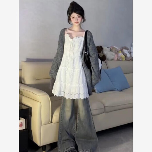 Capítulo genial (Kuzhang) 4884 People recolecte trajes de dos piezas, pequeño dulce estilo universitario de encaje de encaje de empalme Slack Slack Single Piece Skirt White 2xl