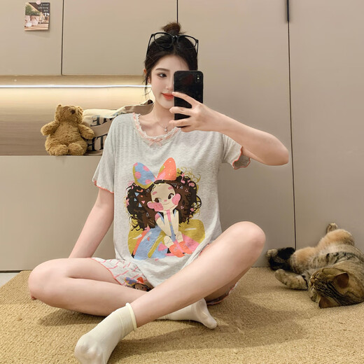 雅鹿2025新款睡衣女夏季莫代尔带胸垫短袖可爱卡通可外穿家居服三件套 RM3519 蝴蝶结女孩 固定胸垫 M