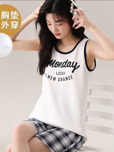莫代尔背心睡衣女夏季薄款自带胸垫一体可外穿舒适棉夏天无袖家居服套装 背心套装[带胸垫]Y1105 XL 女3码建议140-15f