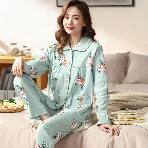 芬腾睡衣女2024年新款中年春秋季纯棉长袖薄款家居服大码妈妈开衫套装 红色 9928 M 码建议80-100斤