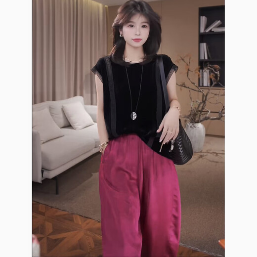 GZQJ【华尔兹】桑蚕丝t恤女2025新款真丝丝绒polo衫圆领吊带上衣4839 黑色 S 36 建议80-105斤