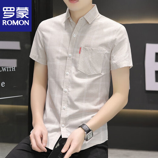 Romon 2025 Camisa de manga corta de verano Camisa de seda de hielo a cuadros para hombres Jóvenes de ropa formal