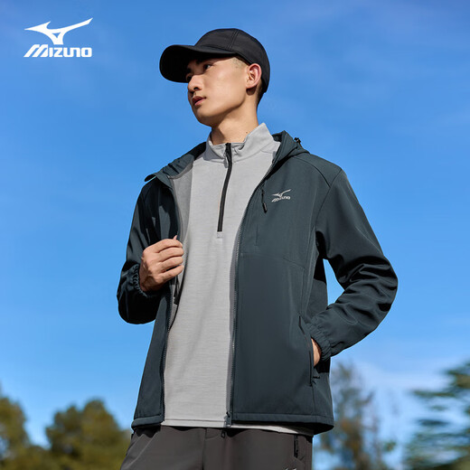 Mizuno Outdoor Soft Shell Jacket Men's Velvet Hooded Mountaineering Casual Windproof and Waterproof Versatile Top Jacket Dark Gray L