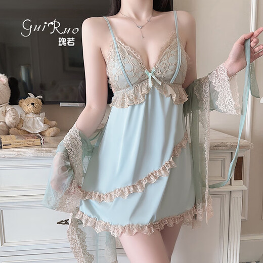 瑰若（Gui Ruo）瑰若纯欲顺滑缎面内衣深V聚拢加胸垫蕾丝睡裙外袍 P3886绿色（外袍+腰带 均码