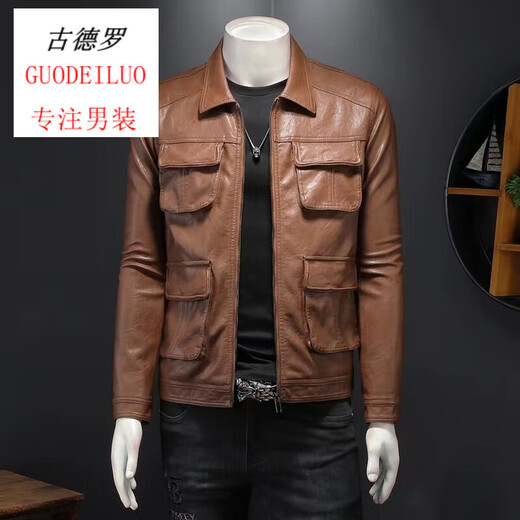 
Pier Cardin trendy personalized lapel motorcycle suit leather jacket men autumn Korean version handsome PU men leather jacket fashionable casual 7170 black 2XL