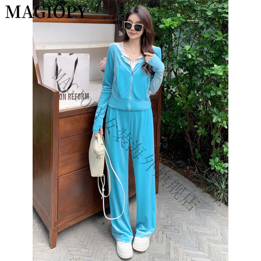 Magiopy International Luxury High-De-High Grain Velvet Traje de deportes informales de terciopelo para la chaqueta corta de empalme de primavera femenina Set de dos piezas azul S (100 Jin [Jin iguala 0.5 kg])