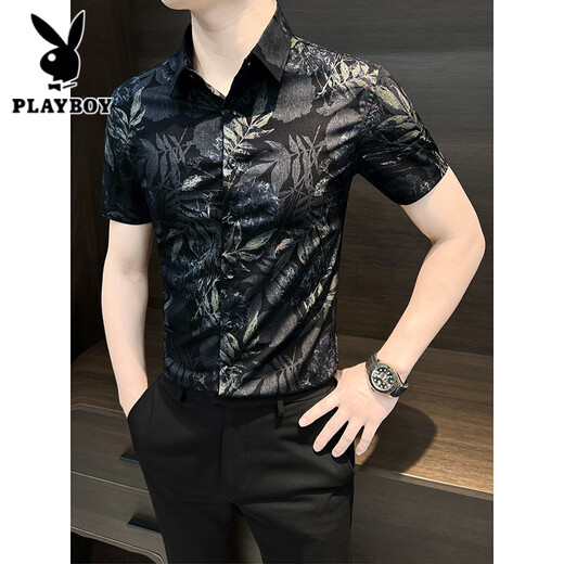Playboy (Playboy) Camisa floral para hombres Camiseta corta de manga de verano 2025 Nuevo verano Summer Seda Psychy Slim Camisa floral impresa Hombres Azul 9885 M [sugerido 115Jin [Jin iguala 0.5 kg]]]