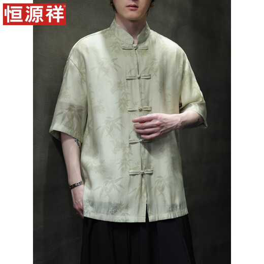 恒源祥夏季轻薄款短袖衬衫新中式古风盘扣唐装男装中国风竹叶上衣中山装 CS9898白色 M