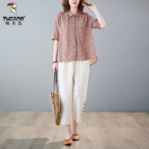 Versión coreana de Woodpecker Gran Traje de algodón y lino de algodón D para la carne de carne para mujeres Camisa impresa de dos piezas 2025 Summer New Fat M Girl Yellow XL Big