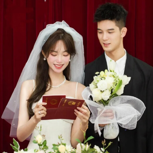 Lan Shu veil bride's main wedding dress, marriage marriage certificate, proposal and engagement super fairy high-end puff headdress photography studio photo props, plain yarn pearl veil 70cm [hair combing]